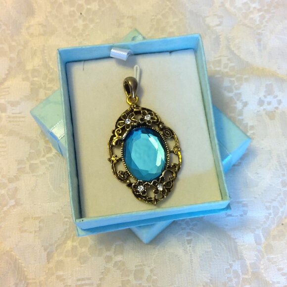 Vintage Blue Crystal Large Floral Copper Pendant Timeless Vtg Pendant - Picture 6 of 7